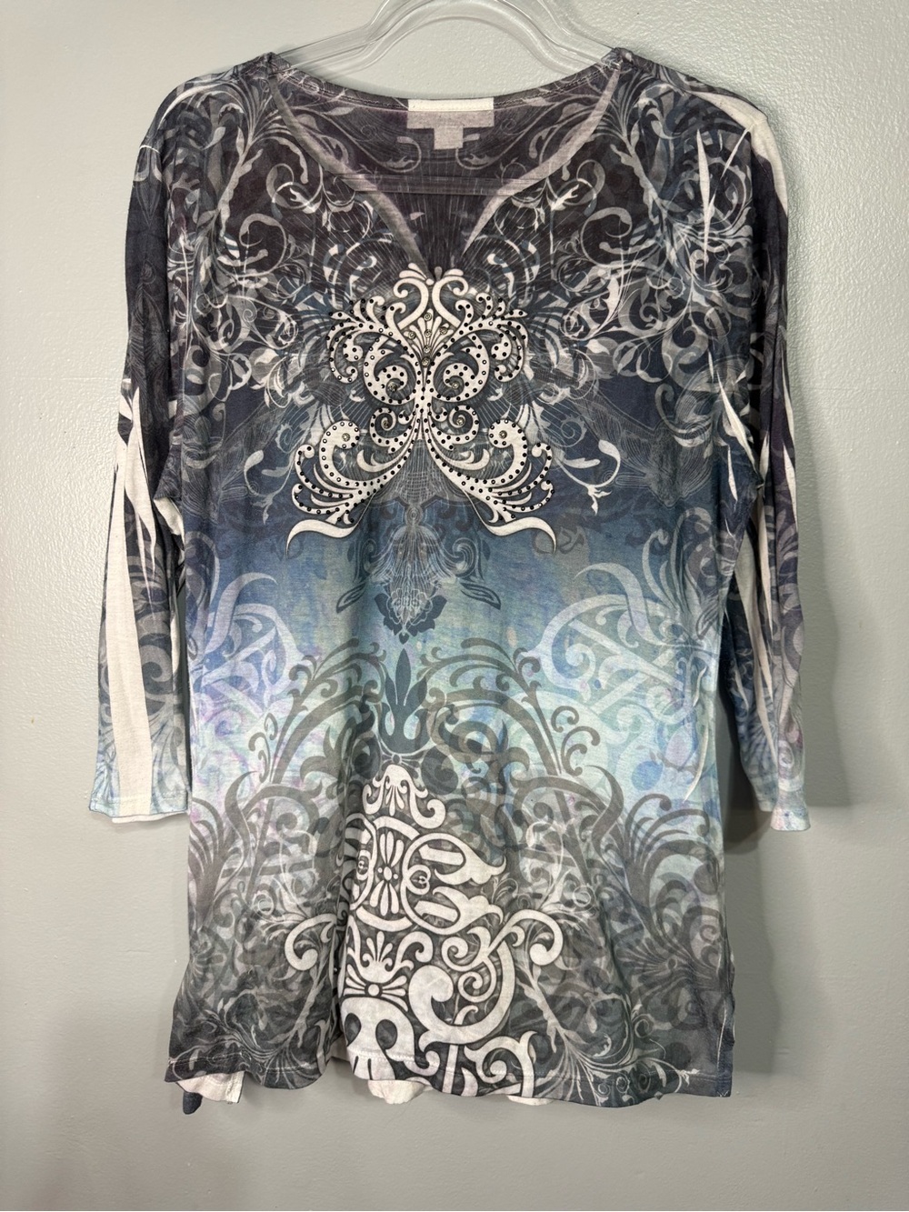 Boutique Y2K Blue Gray Baroque Scroll Rhinestone Studded Tunic Top Large